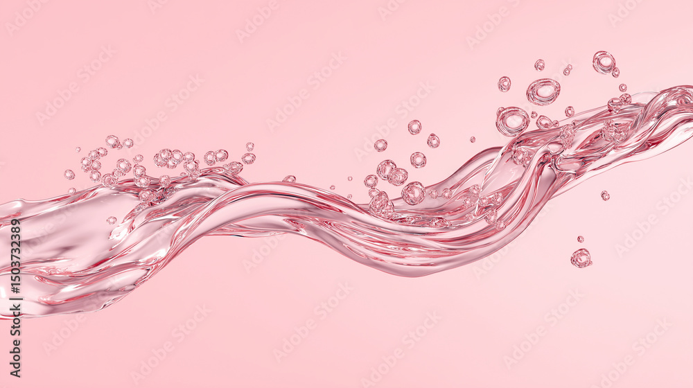 Splash of pink liquid with bubbles suspended in motion against a soft pink background.
Splash of pink liquid with bubbles suspended in motion against a soft pink background.