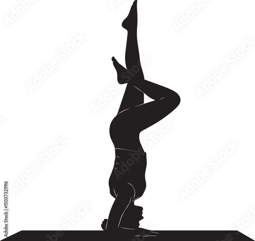 Yoga Tree Pose Silhouette for International Yoga Day – Standing Balance Illustration, Silhouette of Woman Practicing Headstand Yoga Pose on Mat, 