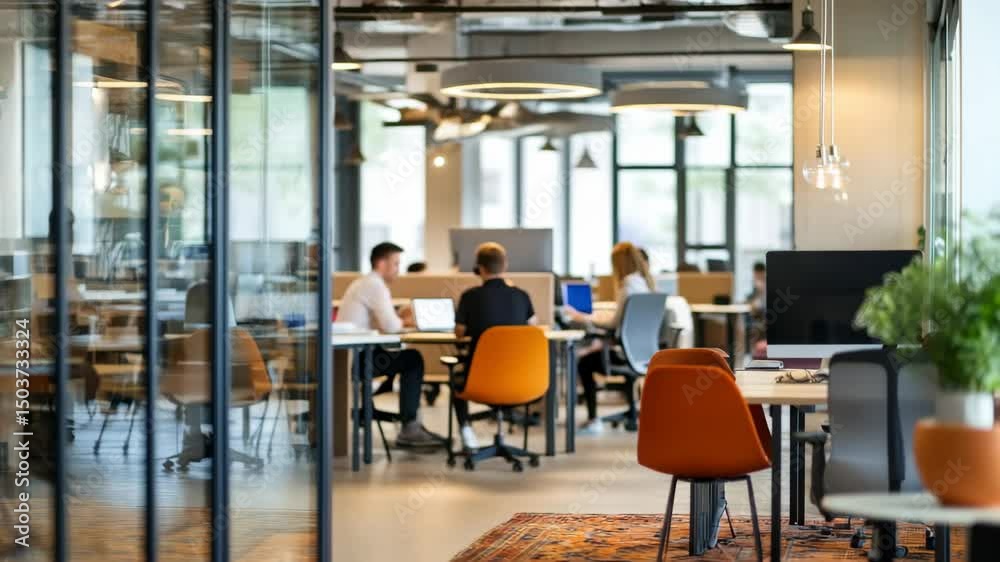 Wide-angle shot of a modern office with a focus on collaboration. The video captures a vibrant workspace with glass walls and colorful chairs. Live desktop wallpaper.