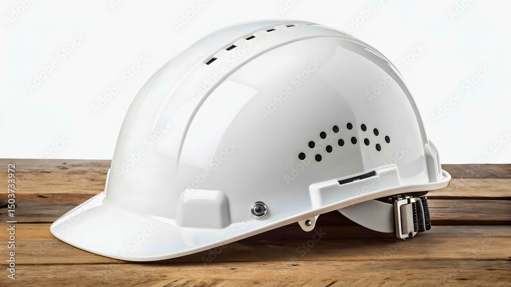 Fototapeta premium White hard hat isolated on white background on a wooden surface in studio shot