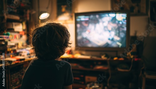 Boy watching screen in cluttered room