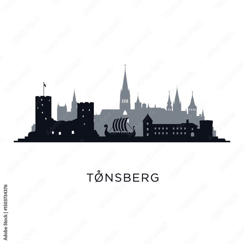 Fototapeta premium Tnsberg Norway Skyline with Vector Silhouette, and Landmark.