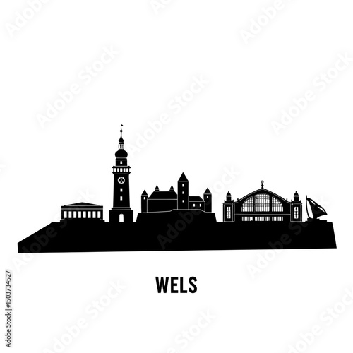 Wels with Austria Skyline Silhouette Black.