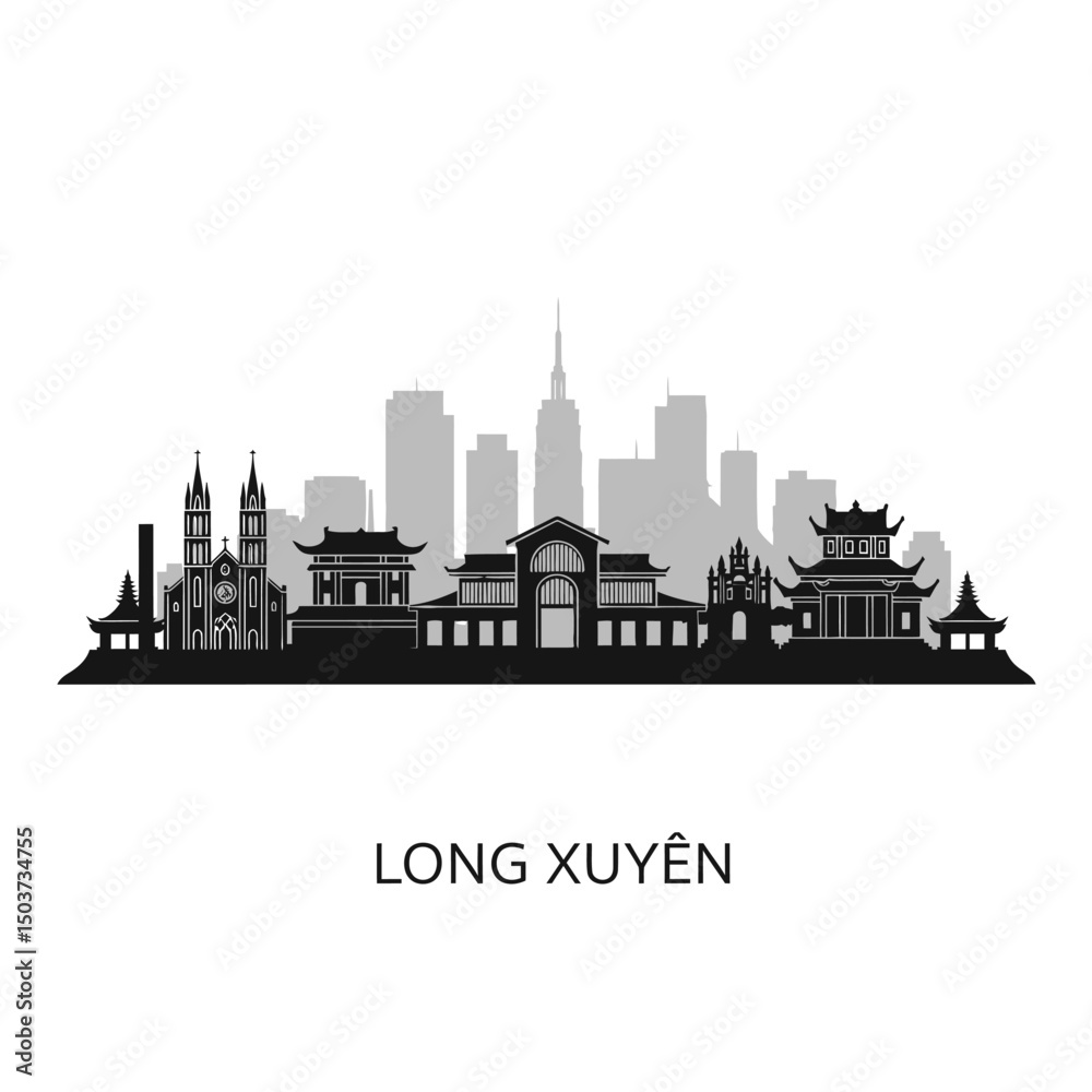Fototapeta premium Long Xuyen Skyline Vietnam City Silhouette.