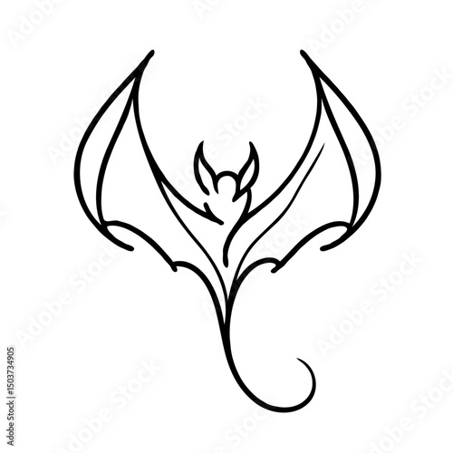 Bat silhouette with mystical symbols in intricate line art design  