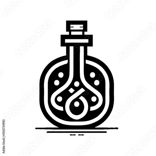 Potion bottle with magical symbols in minimalist black line design  