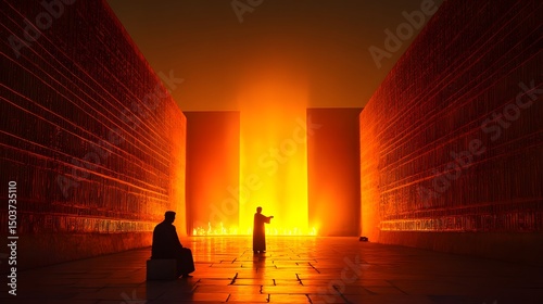 Mesopotamian priest pouring libation dawn altar surrounded by early light and incense