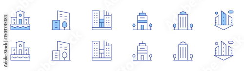 City icon set in two styles, Duotone and Thin Line style. Editable stroke. city, office, skyscraper, building