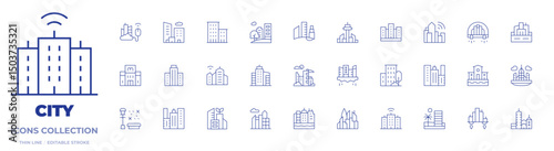 City icons collection. Thin Line icons, editable stroke. bench, architecture and city, city, smart city, skyscraper, apartments, financial, floating island, building, buildings, skyline