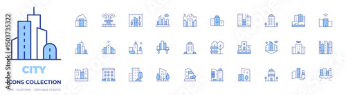 City icons collection. Line Duotone style, editable stroke. building, fountain, office building, park, city, office, green city, buildings, architecture and city, smart city