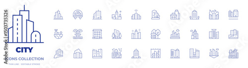 City icons collection. Thin Line icons, editable stroke. building, office building, skyscraper, fountain, park, city, architecture and city