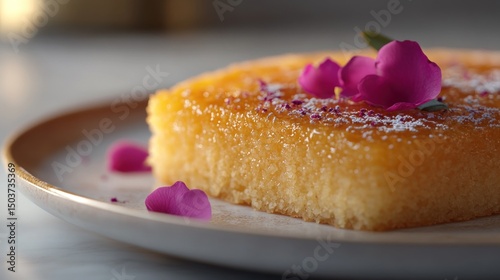 Delicate citrus cake adorned with floral petals on ceramic plate closeup