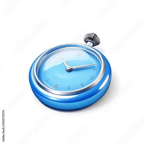 A blue alarm clock, a time object with a circle dial and an arrow, is isolated on a white background photo