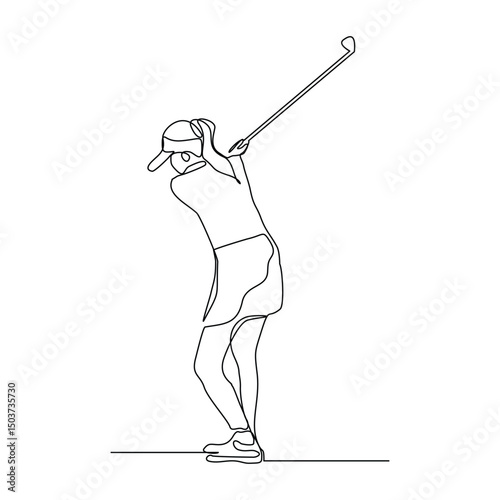 Continuous line drawing of young woman playing golf. Single one line art concept of professional golfer athlete holding stick to hit ball. Vector illustration editable stroke sketch