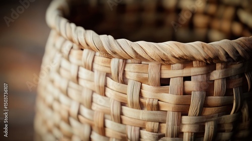Woven bamboo basket with intricate patterns and soft diffused lighting