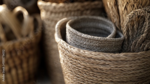 Harmonious Textures: Woven Baskets Displaying Craftsmanship and Natural Tones