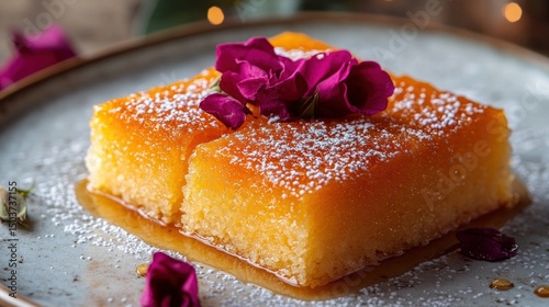 Golden semolina cake drizzled with syrup and decorated with violet flowers