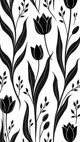 Floral Pattern with Tulips and Leaves Black and White