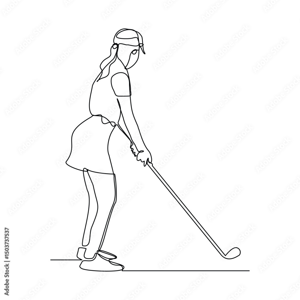 Continuous line drawing of young woman playing golf. Single one line art concept of professional golfer athlete holding stick to hit ball. Vector illustration editable stroke sketch Continuous line drawing of young woman playing golf. Single one line art concept of professional golfer athlete holding stick to hit ball. Vector illustration editable stroke sketch