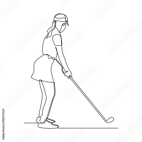 Continuous line drawing of young woman playing golf. Single one line art concept of professional golfer athlete holding stick to hit ball. Vector illustration editable stroke sketch