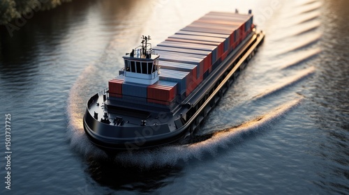 Cargo Transportation Vessel Navigating Waterway Efficiently at Sunset