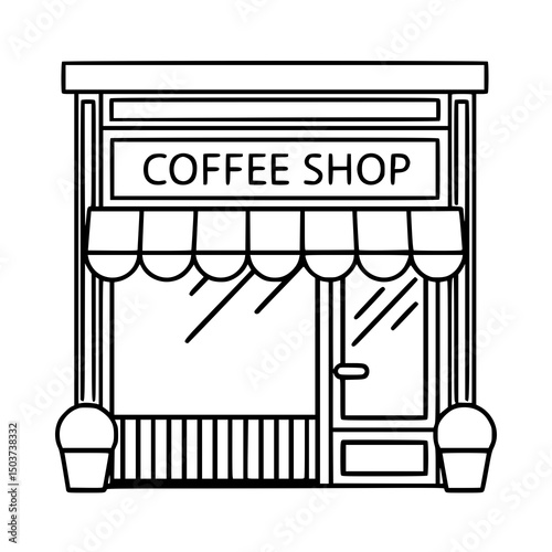 Coffee Shop Exterior: A simple, line-art illustration of a charming coffee shop storefront, inviting customers to step inside for a delicious drink and a cozy atmosphere.