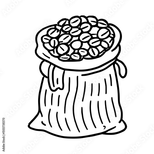 Coffee Bean Bounty: A hand-drawn outline illustration depicts a burlap sack overflowing with freshly roasted coffee beans.