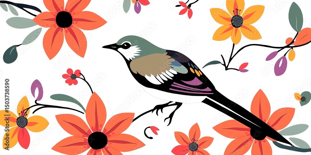 Abstract Floral Fantasy with Soaring Sparrow Abstract Floral Fantasy with Soaring Sparrow