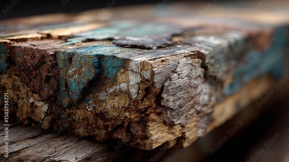 Fototapeta premium Weathered wood plank with textures, cracks, and blue paint remnant closeup
