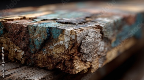 Weathered wood plank with textures, cracks, and blue paint remnant closeup