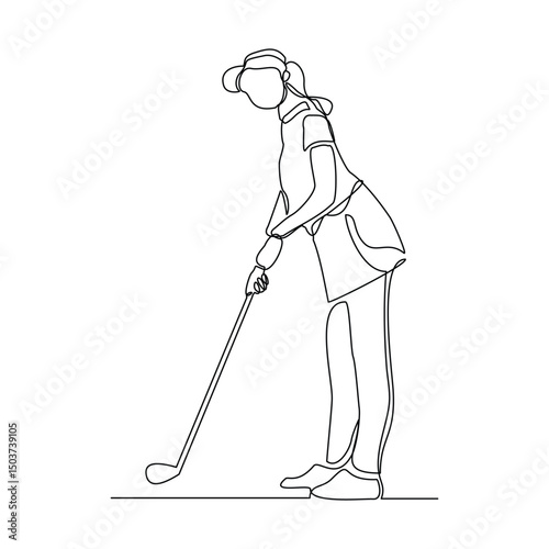 Continuous line drawing of young woman playing golf. Single one line art concept of professional golfer athlete holding stick to hit ball. Vector illustration editable stroke sketch