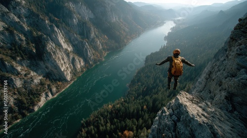 Daredevil jump off cliff with aerial view of stunning mountain range scenery