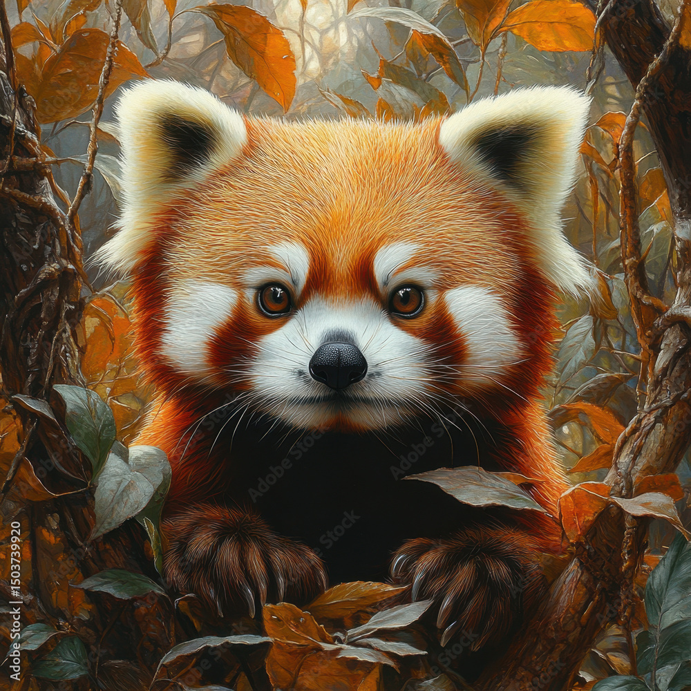 Obraz premium Red panda in leaves, gazing curiously.