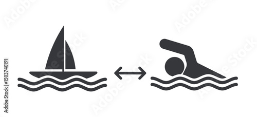 Isolated pictogram warning swimmers to maintain safe distance from boat traffic near the beach to prevent collision and injury hazards