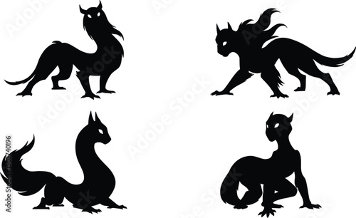 Mythical Creature Vector Illustration Dragons, Cats, and Serpents