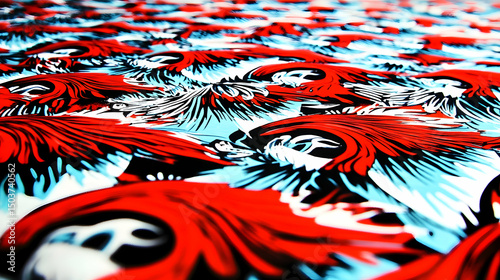 Close-up of printed red and blue graphic designs