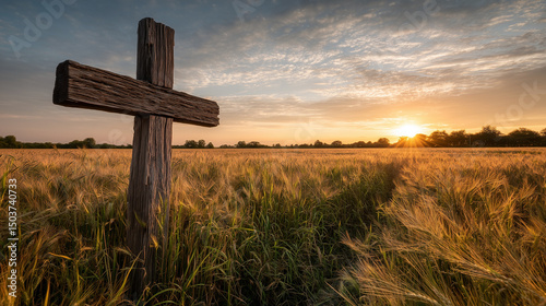Wooden cross in a wheat field at sunset, A weathered wooden cross standing in the middle of a golden wheat field at sunset, Ai generated images