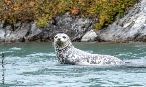 Alaskan Seal in River, Autumn Colors