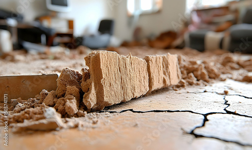 Broken brick floor demolition in a messy living room