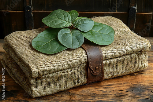 Rustic burlap box with fresh leaves