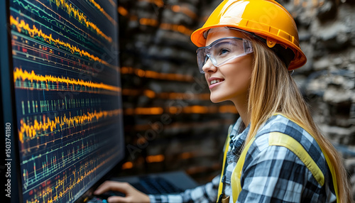 Woman in hardhat monitors industrial data