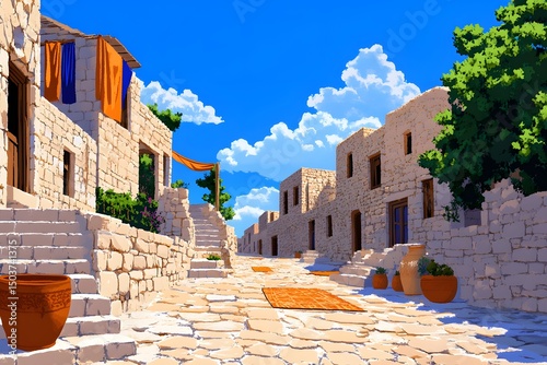 Realistic street scene ancient Jewish town with stone homes and townsfolk preparing for sabbath