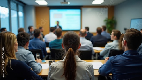  Professional business presentation in modern conference room with diverse audience watching speaker at dual projection screens during corporate training seminar