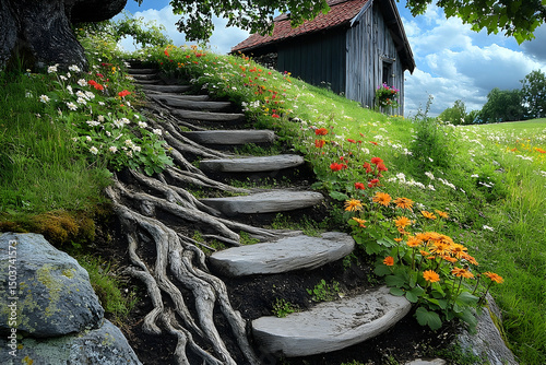 Rustic stone steps winding through a vibrant flower garden, leading to a quaint wooden shed