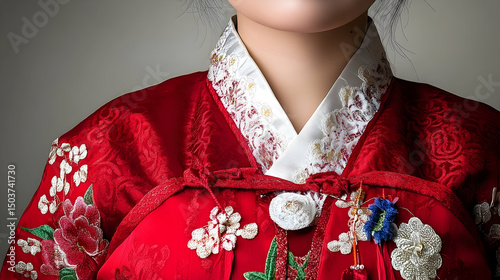Woman in Red Korean Traditional Dress