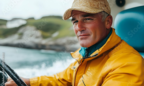 Fisherman steers boat at sea