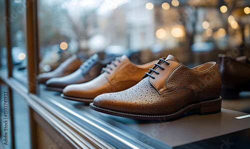 Display of brown leather dress shoes in shop window