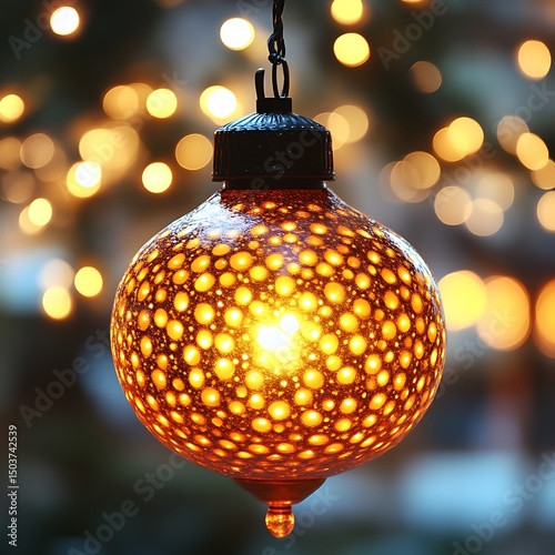 Hanging outdoor lantern with warm glow.  Delicate etched design, showcasing warm light