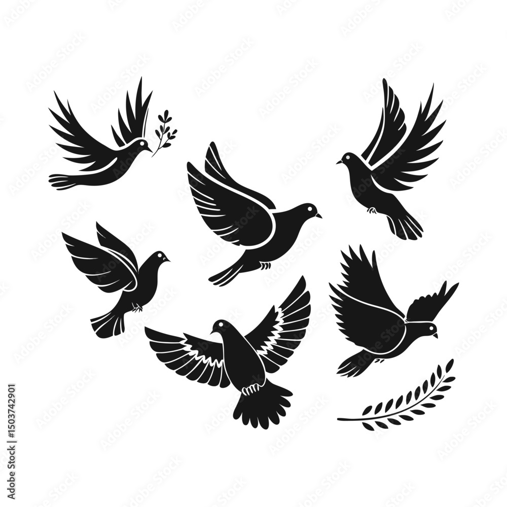 Obraz premium Flying Doves Silhouettes, Pigeon Collection, Birds in Flight Icons, Peace Doves Set, Black and White Birds