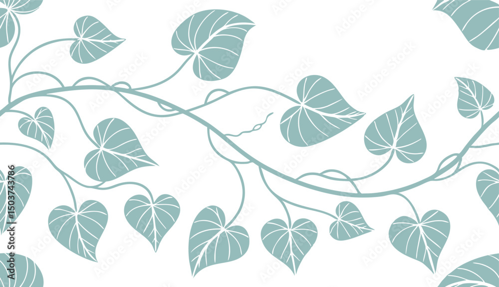 Fototapeta premium Elegant vine and heart-shaped leaf illustration in soft blue on white background. Delicate botanical line art perfect for textiles, wallpapers, or nature-themed graphic designs.